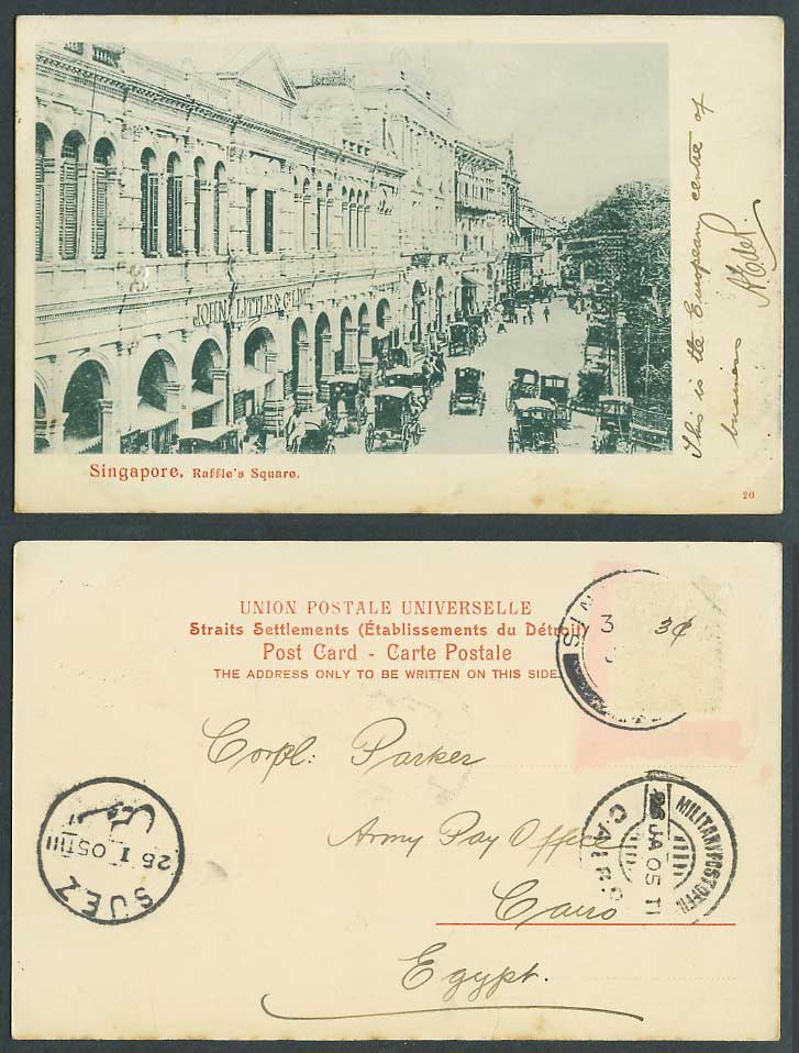 Singapore to Egypt Cairo Suez 1904 Old Postcard Raffle's Square John Little & Co