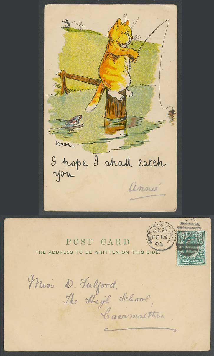 Louis Wain Artist Signed Cat Fishing Fish Hope I Shall Catch U 1903 Old Postcard