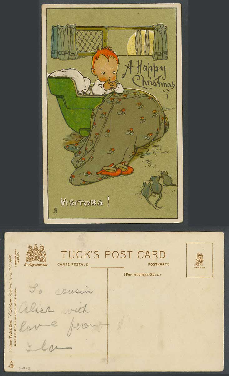 MABEL LUCIE ATTWELL Old Tuck's Postcard A Happy Christmas Visitors Mice Rat Moon