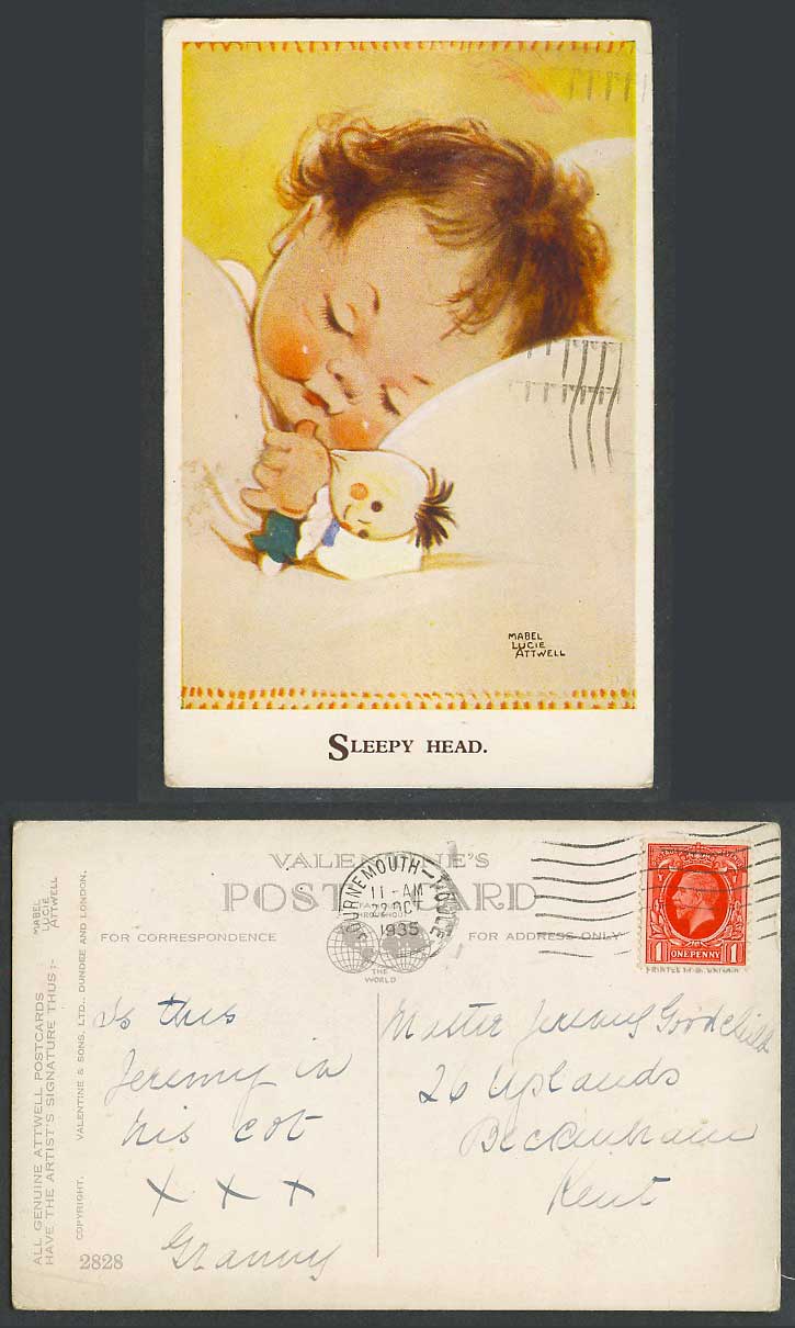 MABEL LUCIE ATTWELL 1935 Old Postcard Little Girl Sleeping Doll Sleepy Head 2828