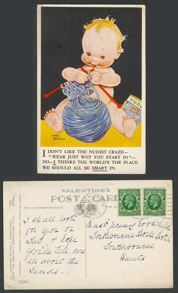 MABEL LUCIE ATTWELL 1936 Old Postcard Nudist Craze Knit Suits Baby Knitting 3280