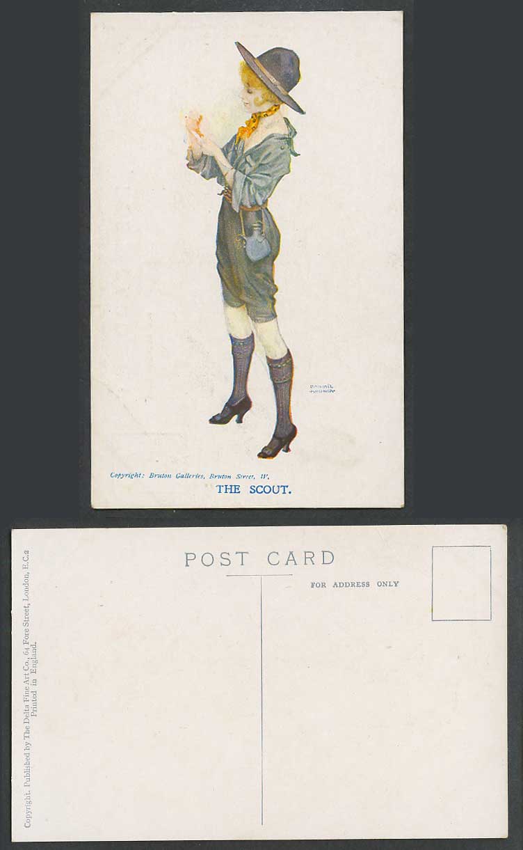 Raphael Kirchner Old Postcard The Scout, Girl Guide Carry Water Bottle Hat Scarf