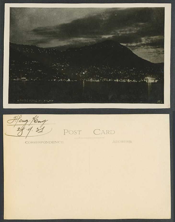 Hong Kong by Night 28.9 1931 Old Real Photo Postcard Harbour Peak Mountain China