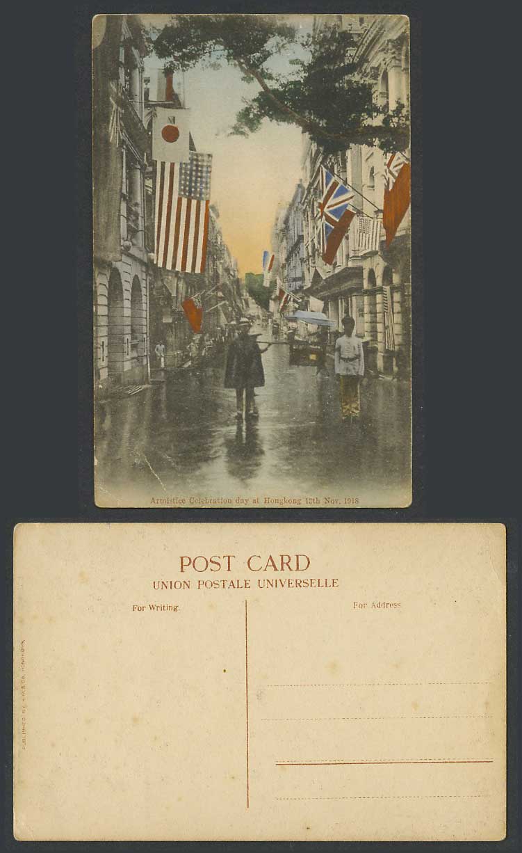 Hong Kong 1918 Old Hand Tinted Postcard Armistice Celebration Day Sedan Chair St