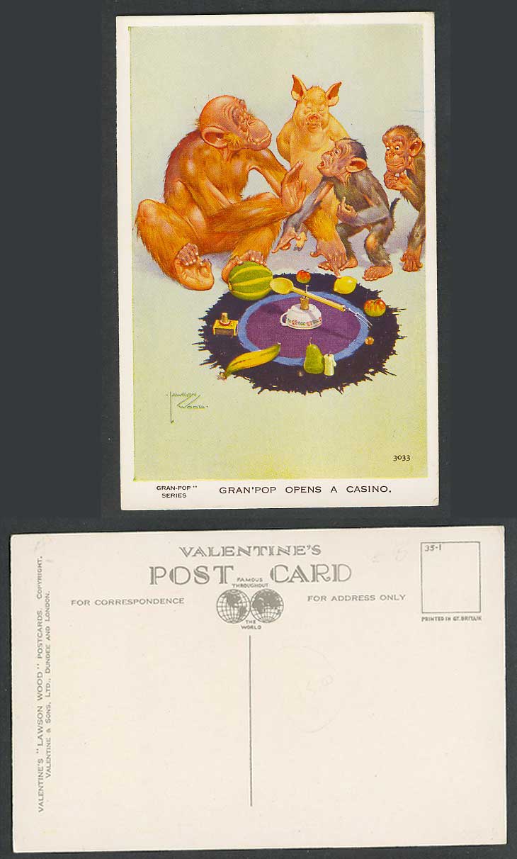 LAWSON WOOD Old Postcard Gran-Pop Opens a Casino, Pig Piglet Monkeys Chimpanzees