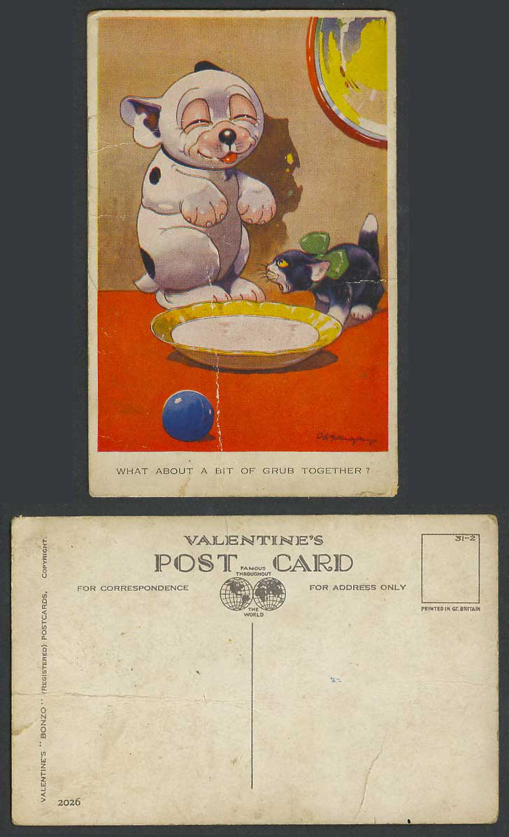 BONZO DOG GE Studdy Old Postcard Cat Kitten What About Bit of Grub Together 2026