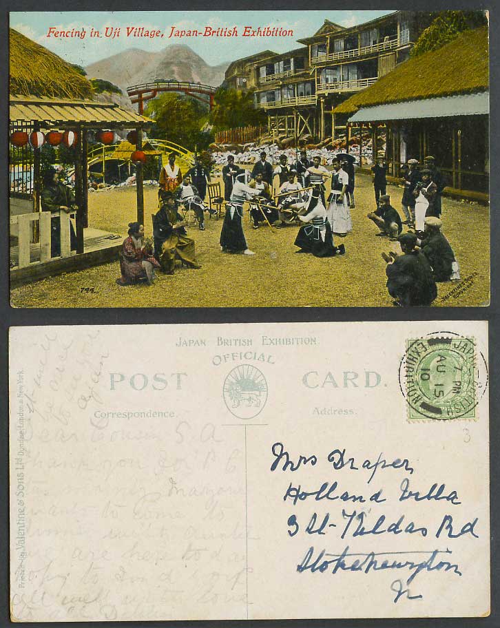 Japan British Exhibition 1910 Old Postcard Kendo Japanese Fencing in Uji Village