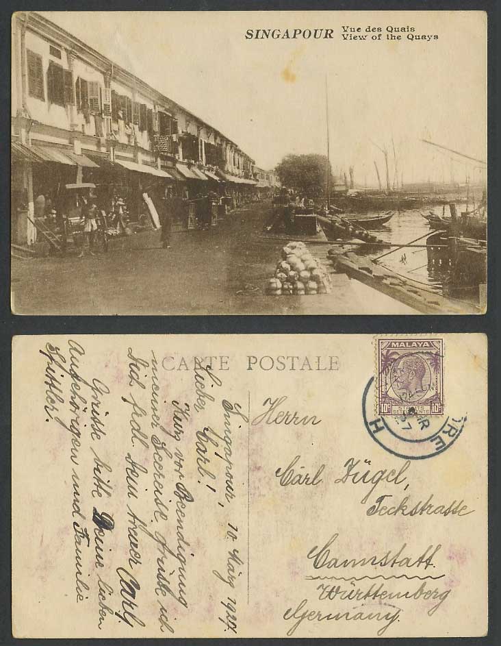 Singapore Malaya KG5 10c 1927 Old Postcard Quais Quays Street View Boats Harbour