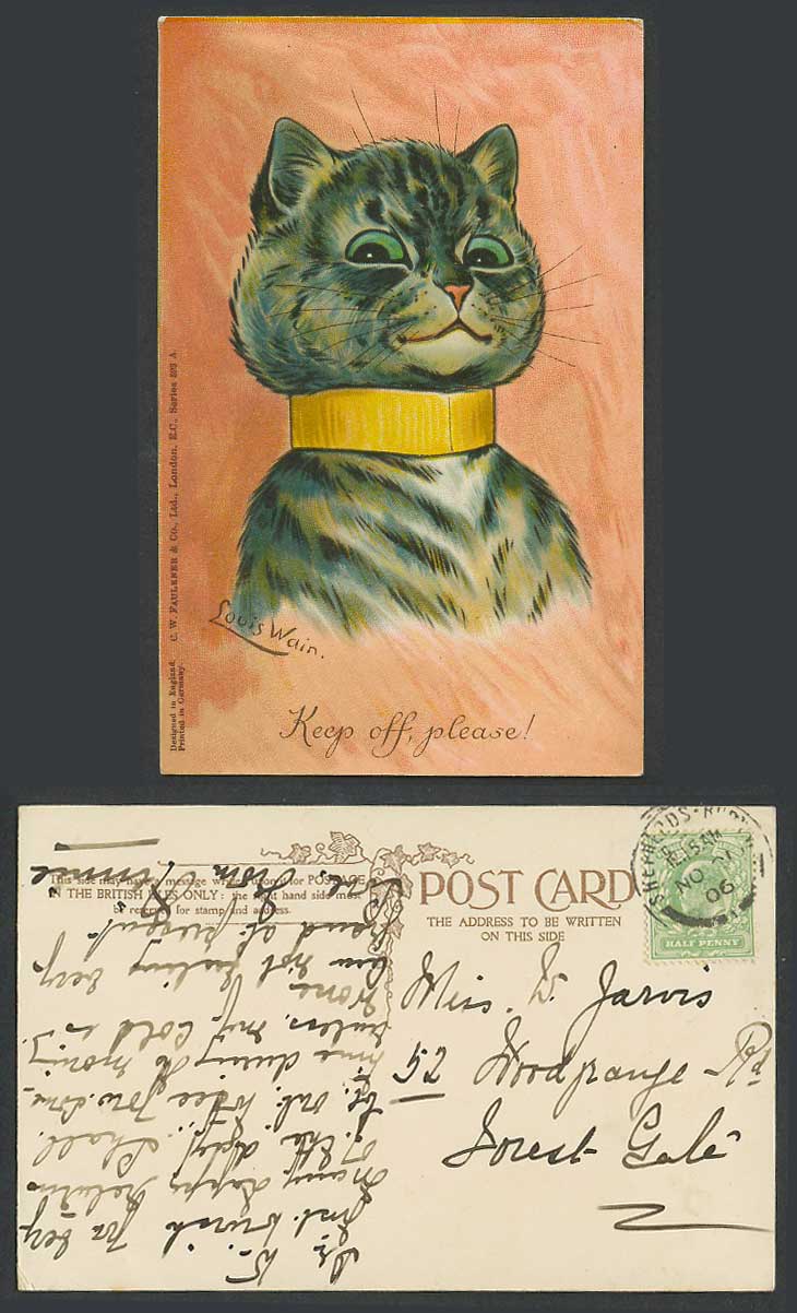 Louis Wain Artist Signed Cat Kitten, Keep Off Please 1906 Old ART Postcard Comic