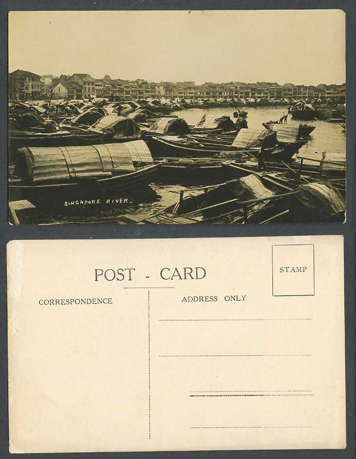 Singapore River Scene Old Real Photo Postcard Native Sampans & Boats in Harbour
