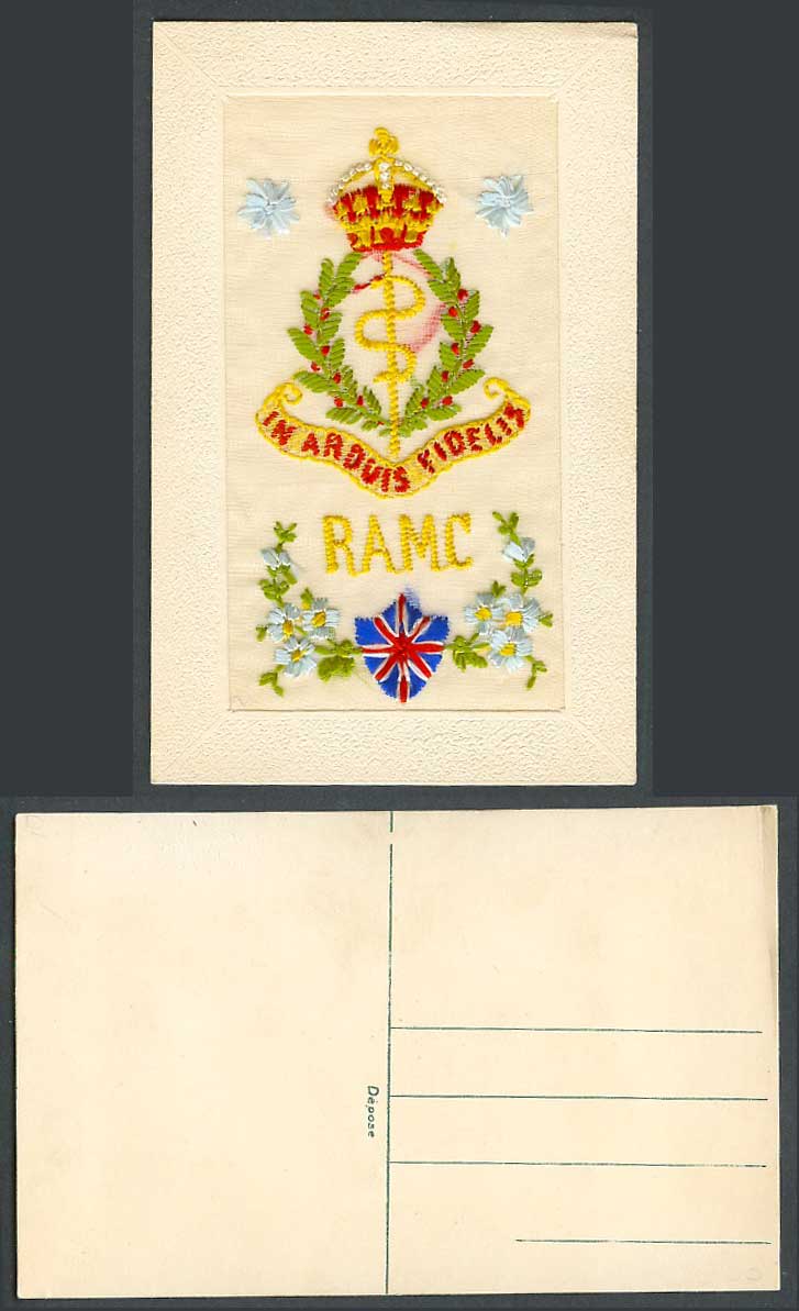 WW1 SILK Embroidered Old Postcard R.A.M.C. Royal Army Medical Corps Snake Crown