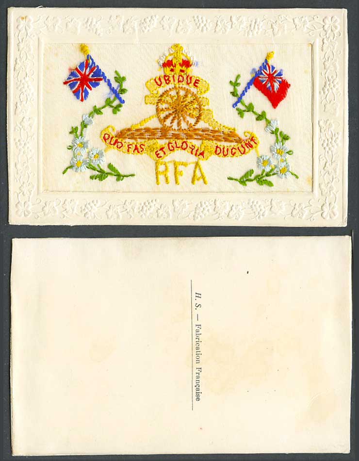 WW1 SILK Embroidered Old Postcard R.F.A. Royal Field Artillery Flag Flowers Arms