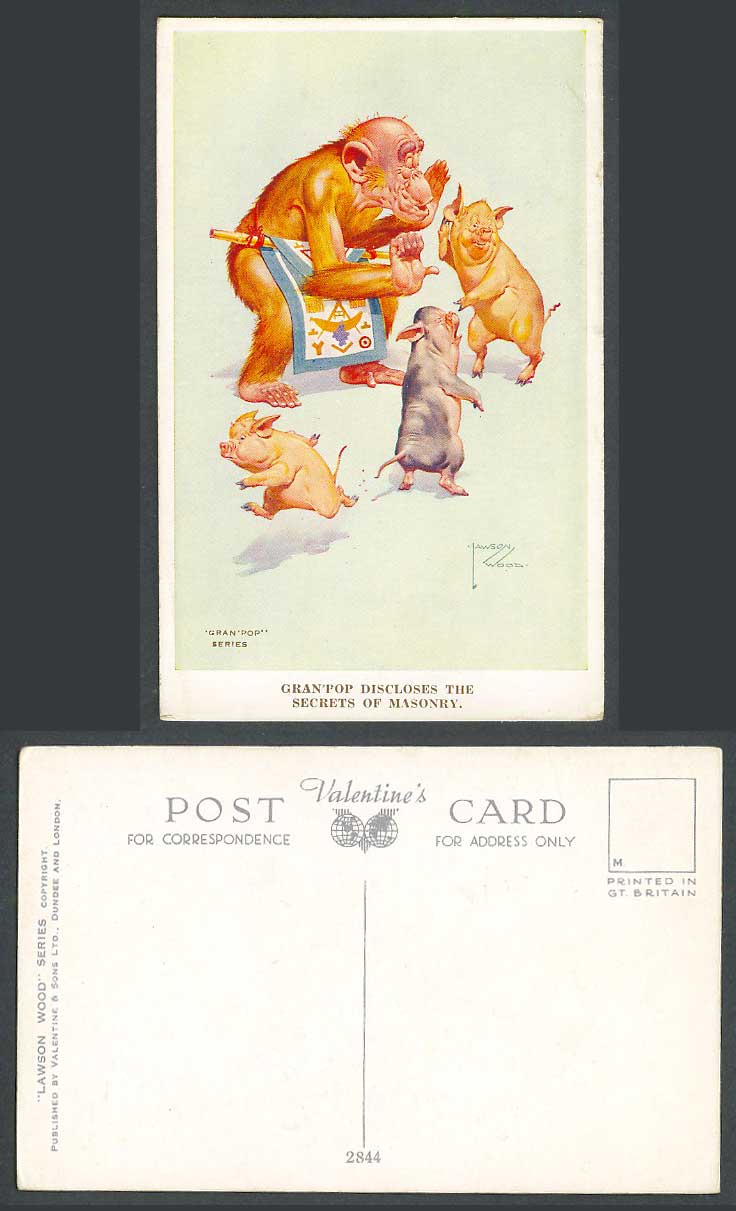 Lawson Wood Old Postcard Gran-Pop Discloses Secrets of Masonry Pigs Piglets 2844