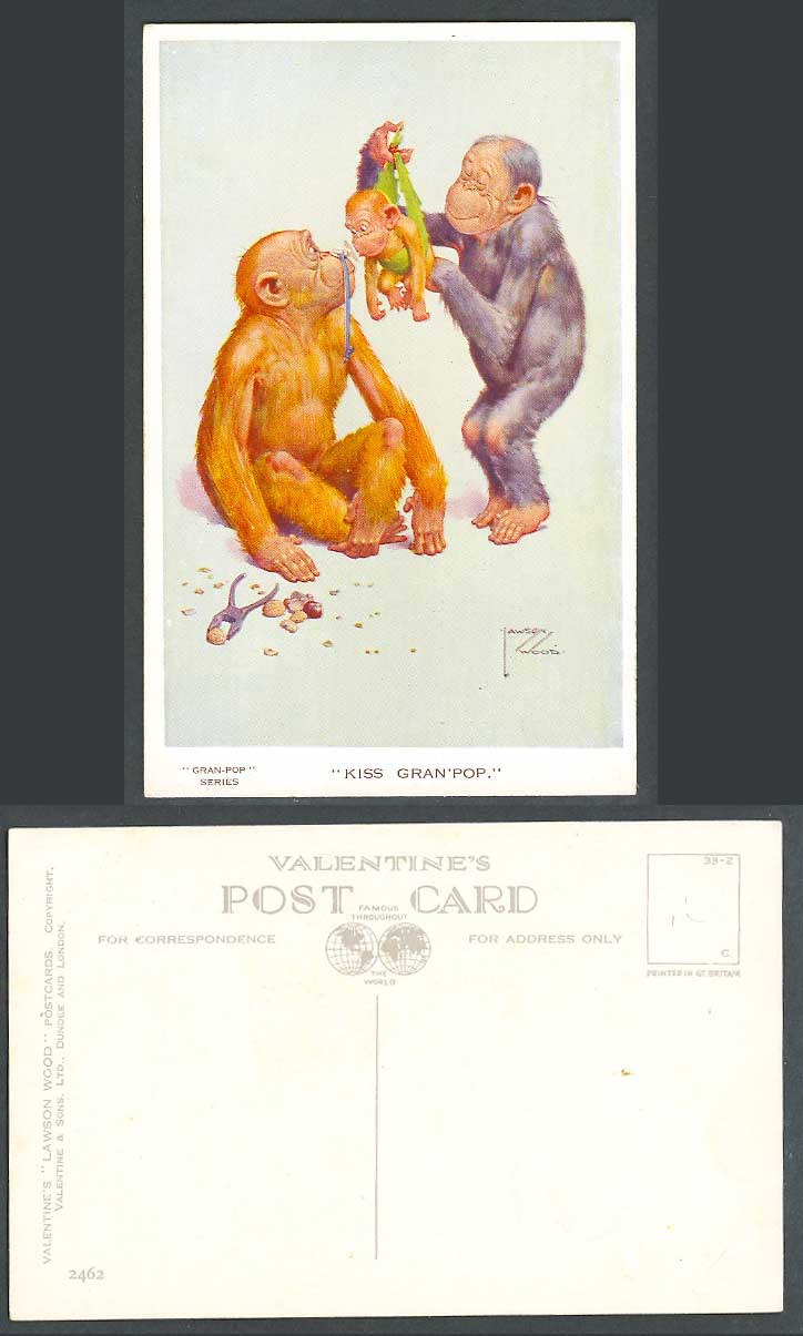 Lawson Wood Old Postcard Gran-Pop Kiss Gran'pop Chimpanzee Monkeys Baby Cub 2462