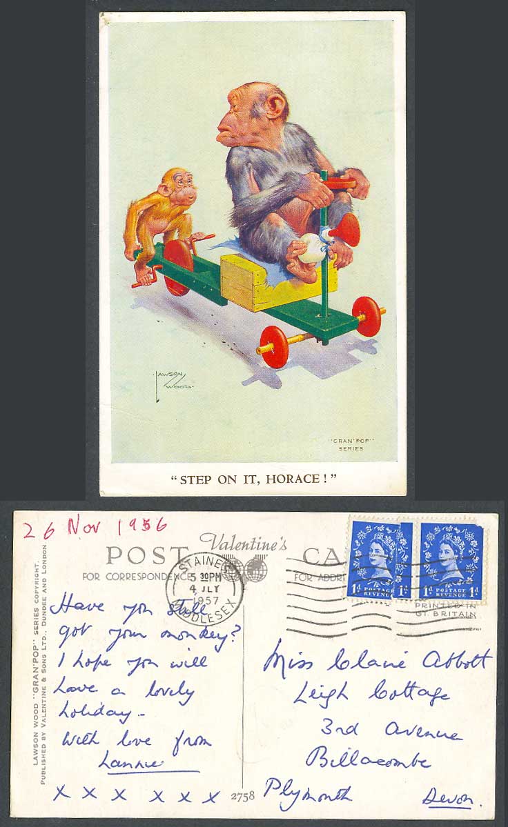 Lawson Wood 1957 Old Postcard Gran'Pop Step on it Horace Chimpanzee Monkeys 2758