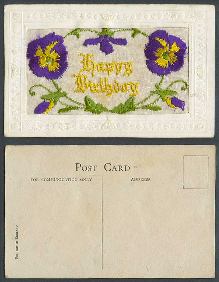 WW1 SILK Embroidered Old Postcard Happy Birthday, Pansy Flower Pansies Flowers