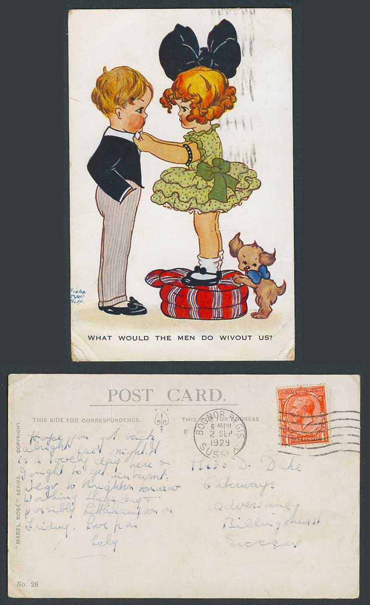 Freda Mabel Rose 1929 Old Postcard What Would The Men Do Wivout Without Us? Dog