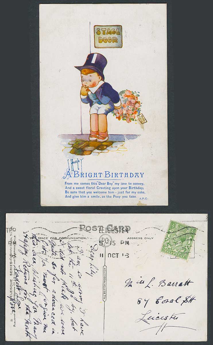 S. Hurley Artist Signed 1916 Old Postcard Stage Door, A Bright Birthday Dear Boy