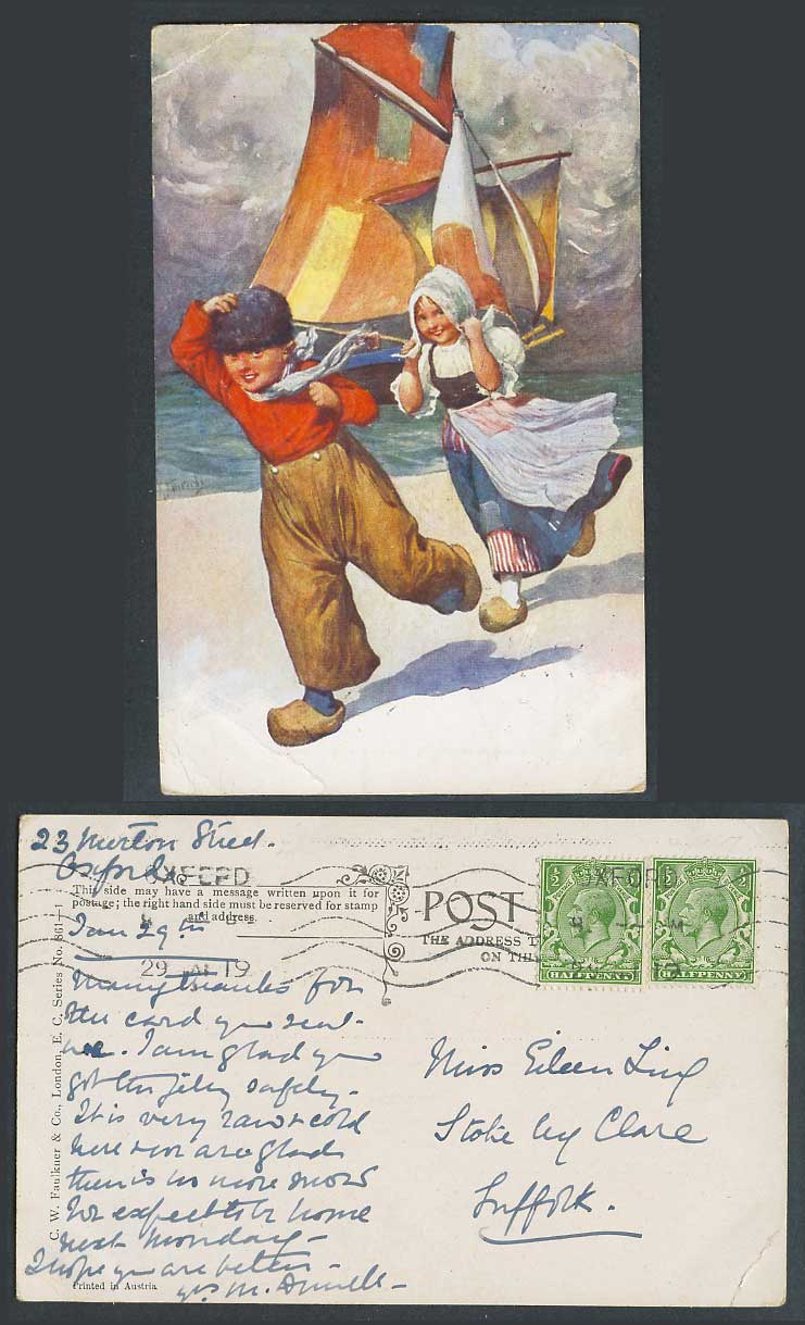 K. Feiertag Artist Signed Dutch Children Boy Girl Sailing Boat 1919 Old Postcard