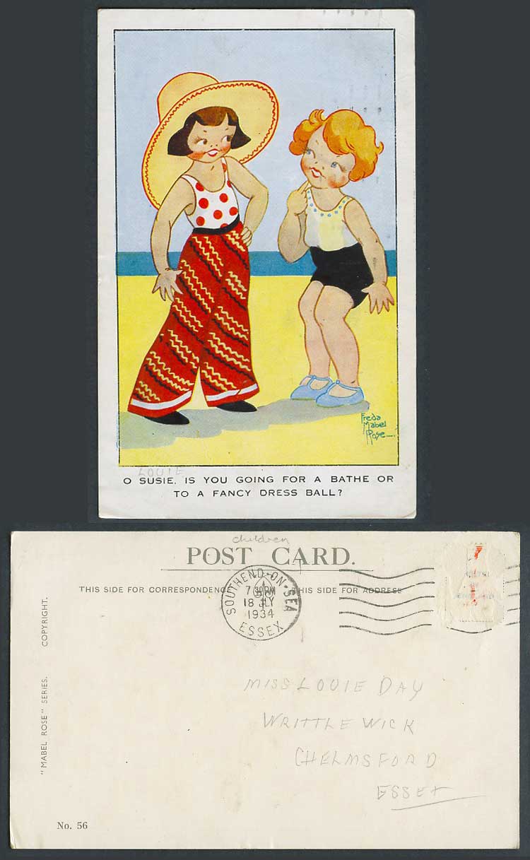 Freda Mabel Rose Artist Signed 1934 Old Postcard Susie, Bath or Fancy Dress Ball