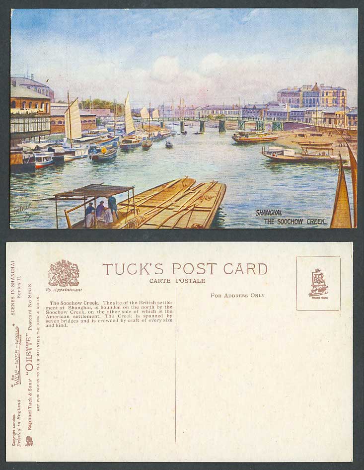 China Old Tuck's Oile Postcard Shanghai Soochow Creek River Bridge Sailing Boats