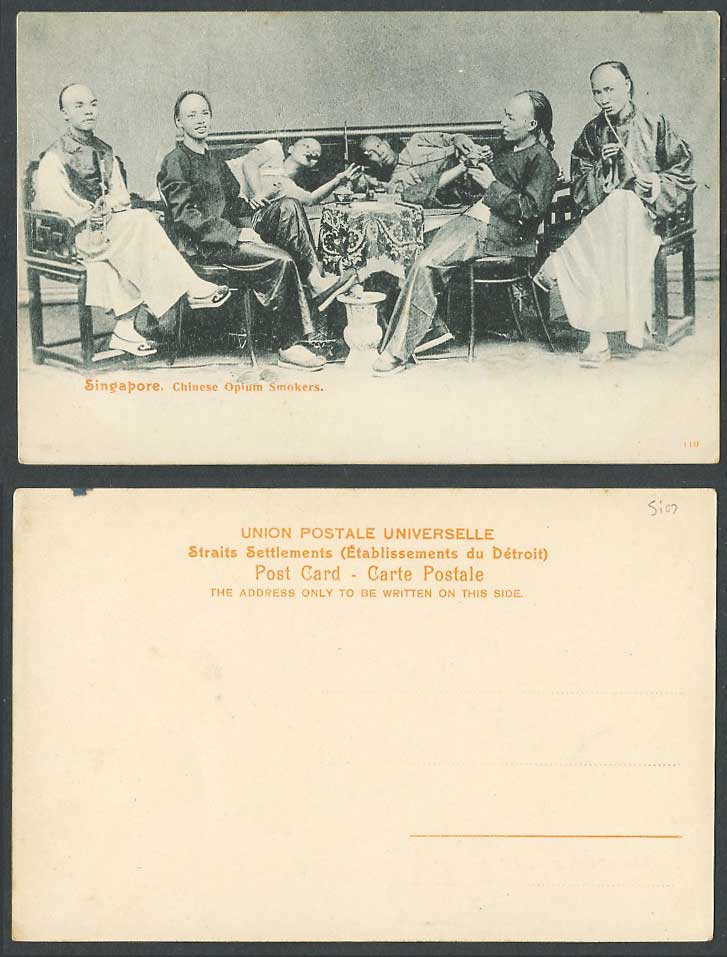 Singapore Old Postcard Chinese Opium Smokers, Smoking Device, Qing Dynasty China