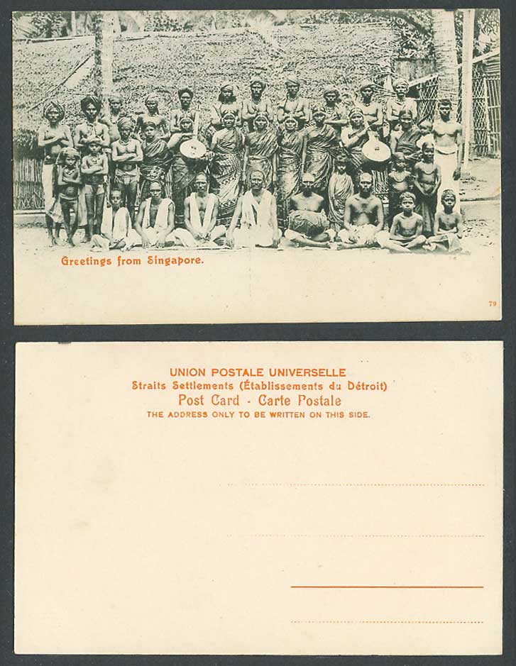 Singapore Greetings from Old Postcard Indian Hindu Musicians, Dancers & Children