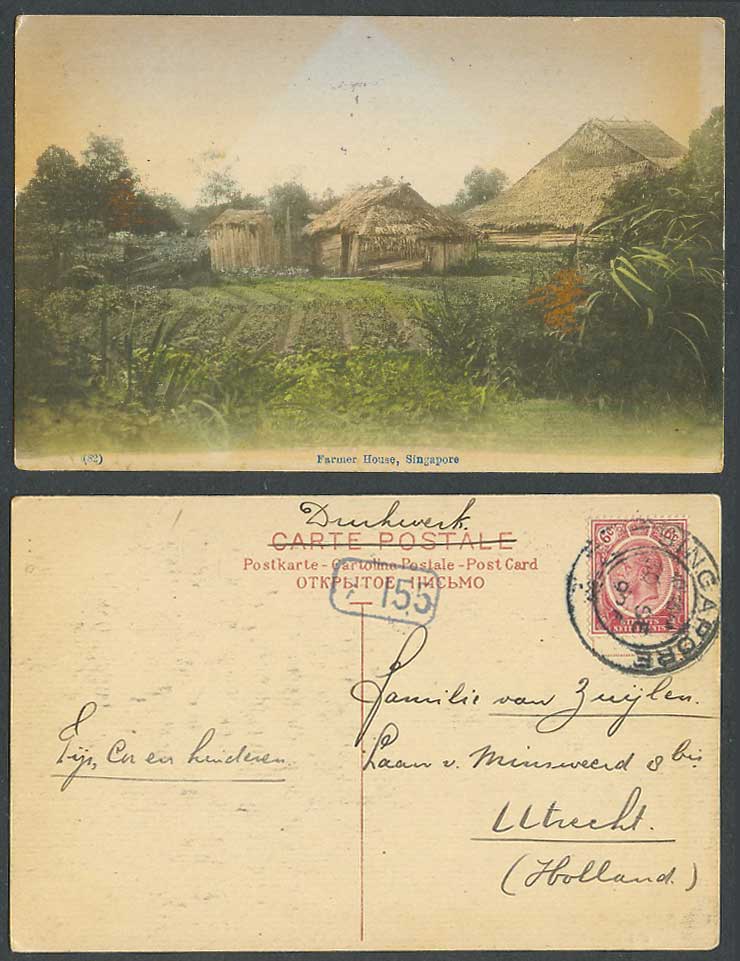 Singapore KG5 6c 1926 Old Hand Tinted Postcard Malay Farmer House, Native Farm