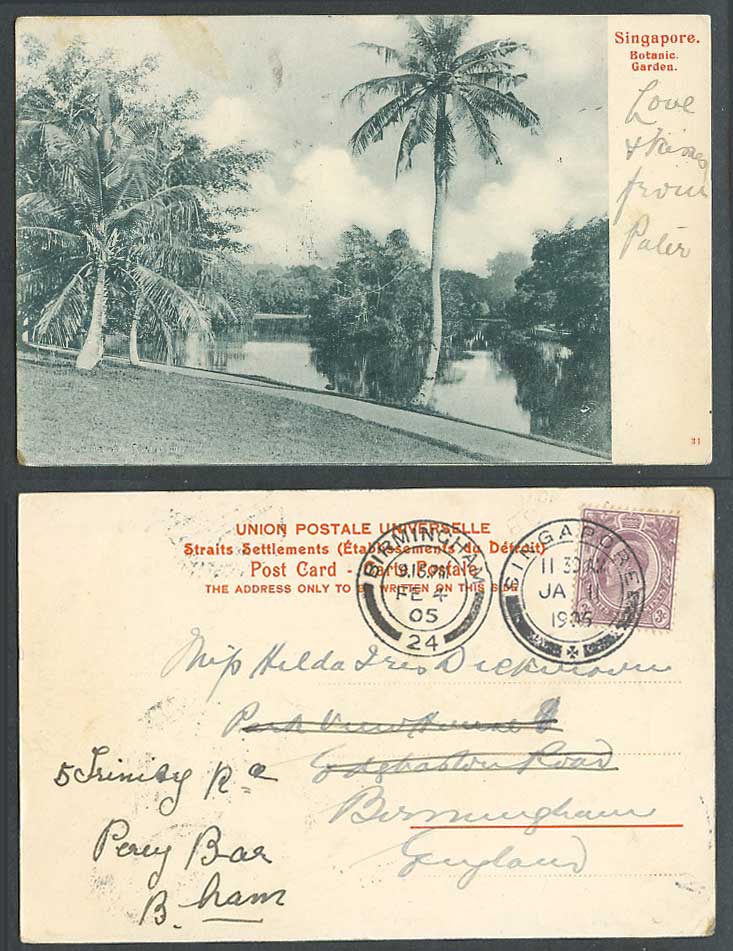 Singapore to Birmingham KE7 3c 1905 Old Postcard Botanic Garden, Palm Trees Lake