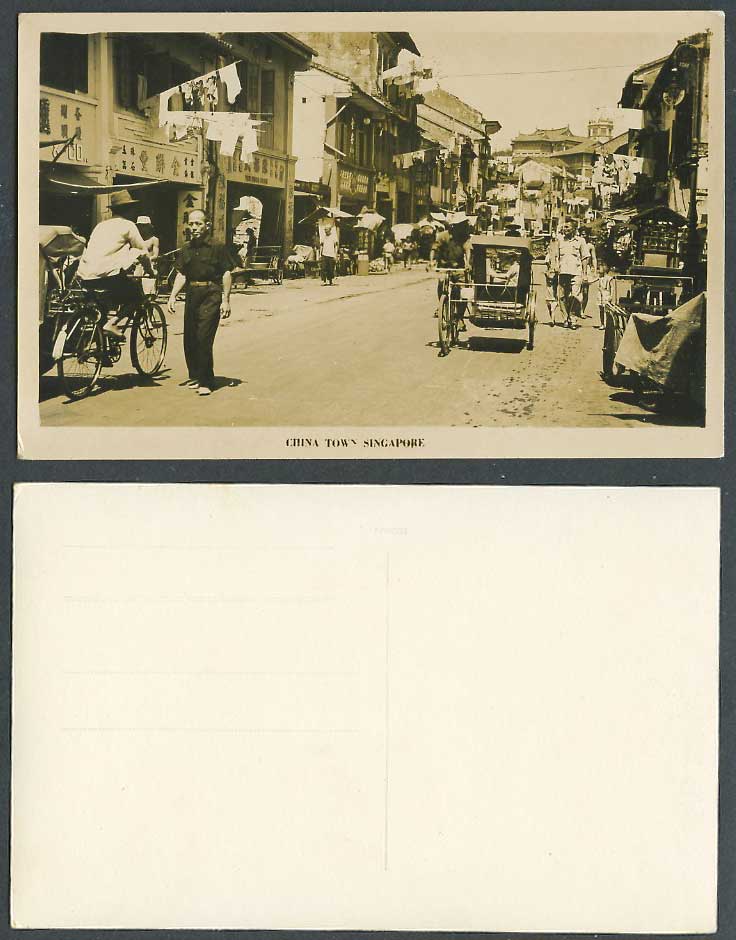Singapore Old Real Photo Postcard Chinatown China Town Street Scene Cyclist Shop