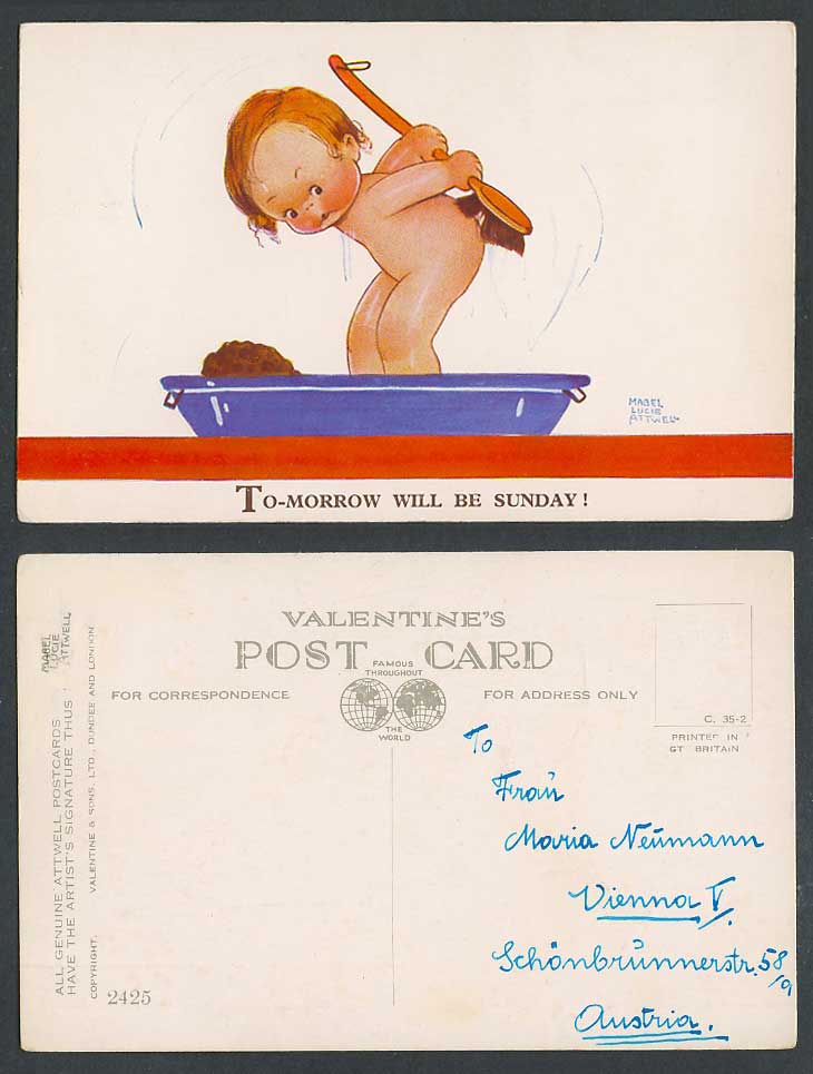 MABEL LUCIE ATTWELL Old Postcard Tomorrow will be Sunday Bath Brushing Body 2425