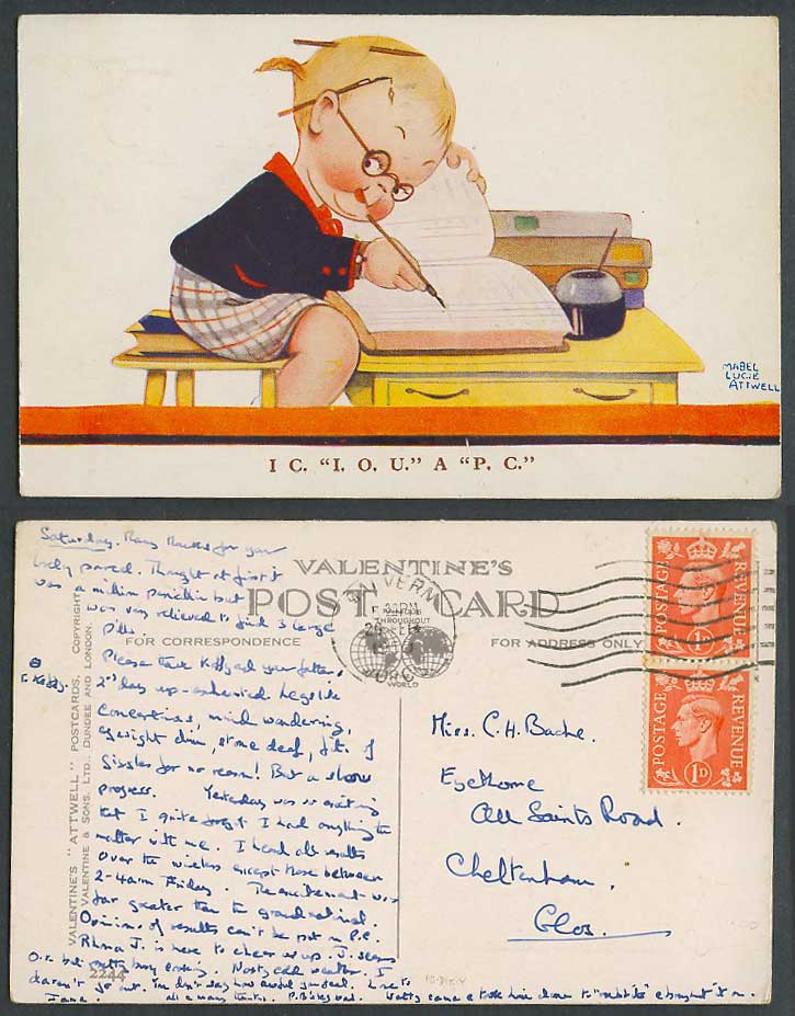 Mabel Lucie Attwell 1950 Old Postcard I C. I.O.U. A P.C. Girl Writing Books 2244