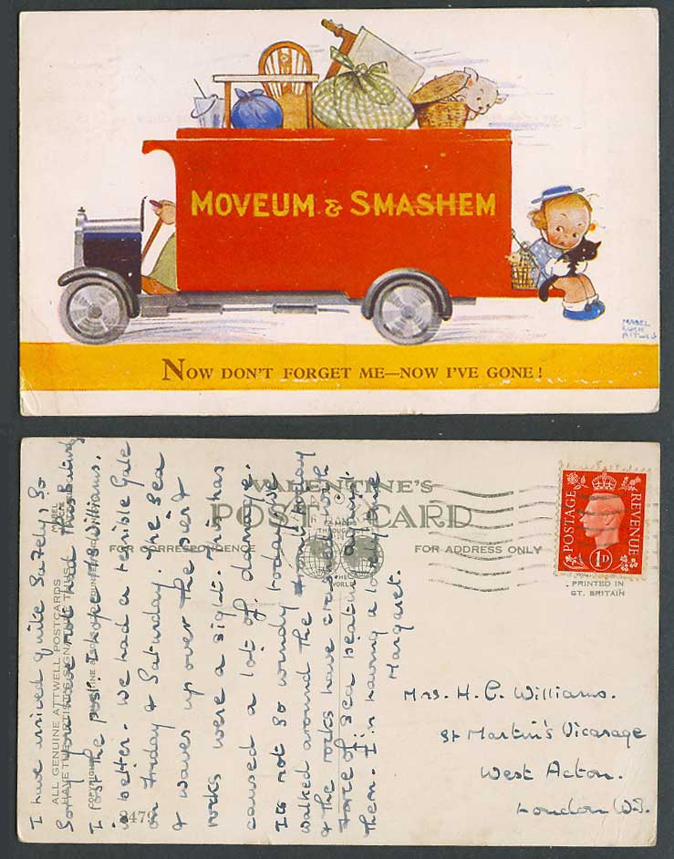 MABEL LUCIE ATTWELL 1938 Old Postcard Don't Forget Me Removal Van Black Cat 2479