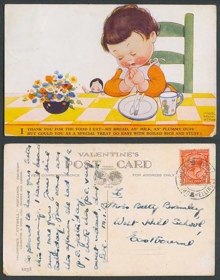 MABEL LUCIE ATTWELL 1934 Old Postcard Prayer Thank You for Food I Eat Treat 2038