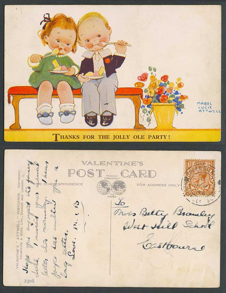 MABEL LUCIE ATTWELL 1934 Old Postcard Thanks For Jolly Ole Party Eating Ice 2308