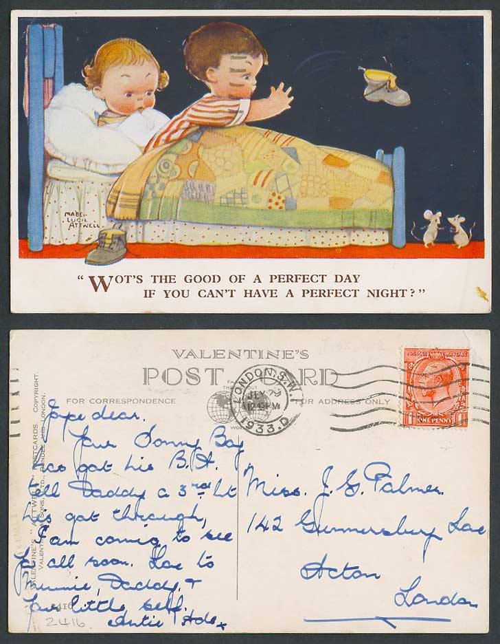 MABEL LUCIE ATTWELL 1933 Old Postcard You Can't Have Perfect Night Mice Rat 2416