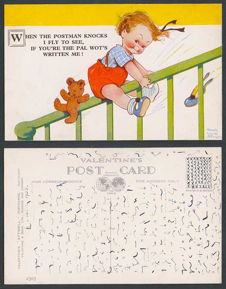 MABEL LUCIE ATTWELL 1933 Old Postcard TEDDY BEAR Postman Knock I Fly to See 2305