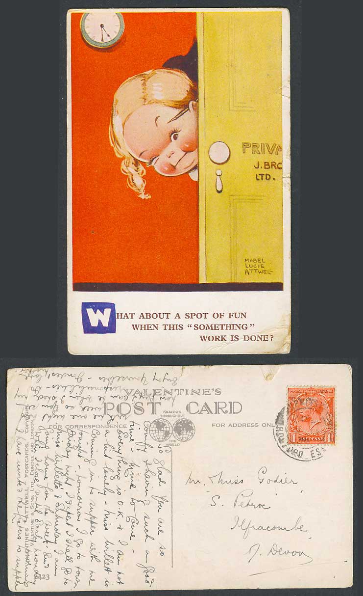 MABEL LUCIE ATTWELL 1934 Old Postcard A Spot of Fun Something Work is Done? 2423