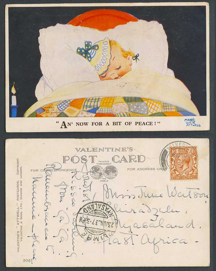 MABEL LUCIE ATTWELL Nyasaland 1937 Old Postcard An' Now for a bit of Peace! 2042