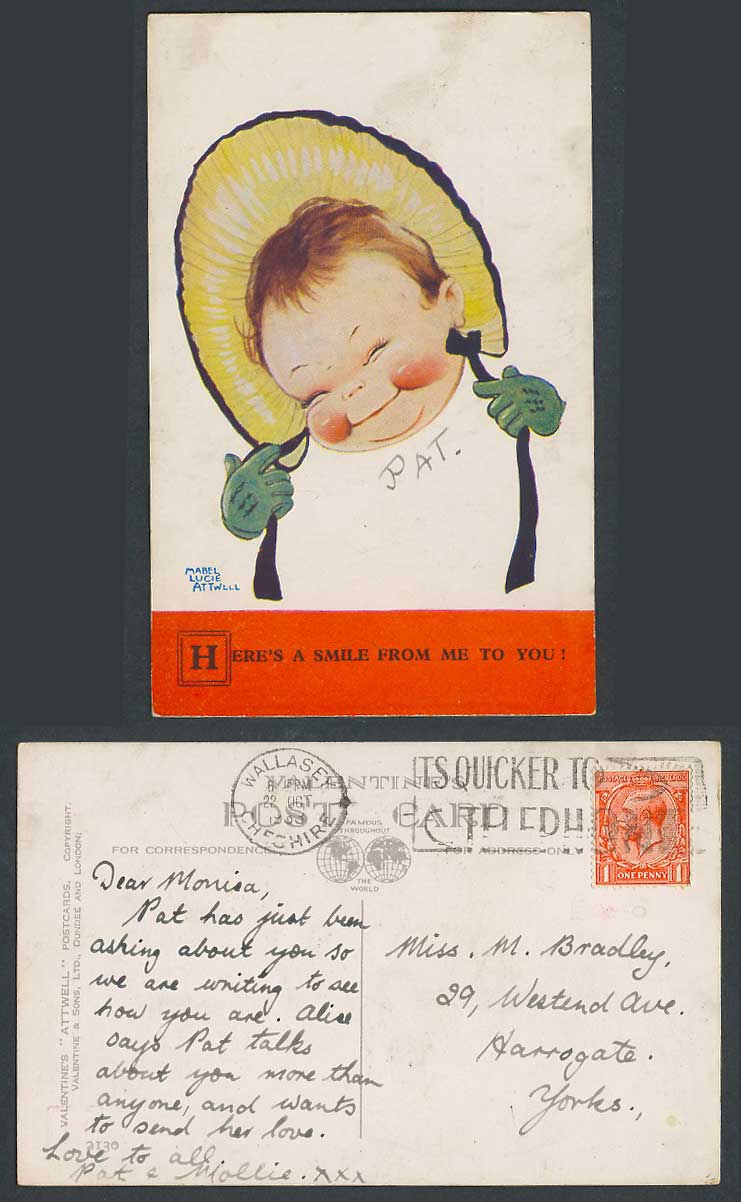 MABEL LUCIE ATTWELL 1933 Old Postcard Here's a Smile from Me to You! Pat No.2130
