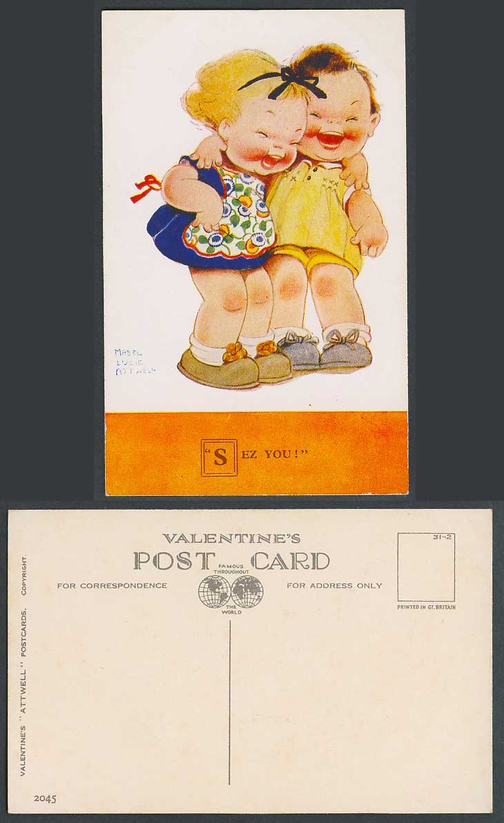 MABEL LUCIE ATTWELL Old Postcard Sez You! 2 Happy Little Girls Laughing No. 2045