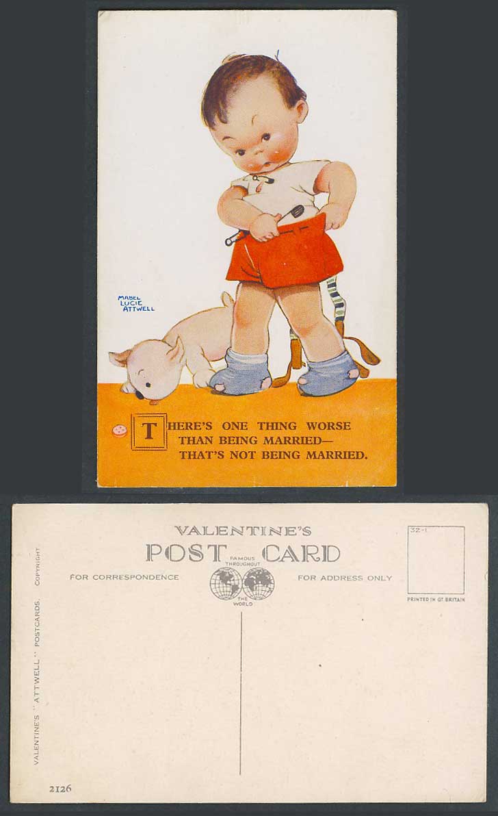 MABEL LUCIE ATTWELL Old Postcard Dog Puppy, Not Being Married is Worse Than 2126