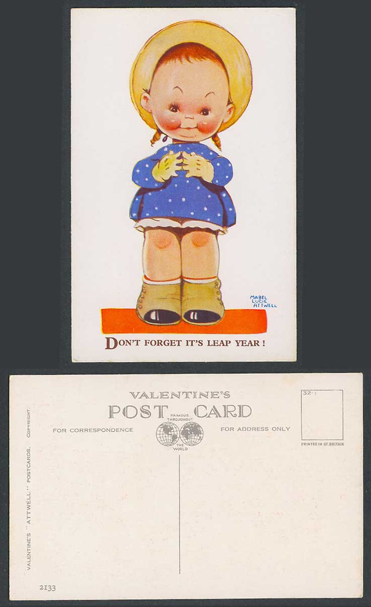 MABEL LUCIE ATTWELL Old Postcard Don't Forget It's Leap Year Girl Hat Glove 2133