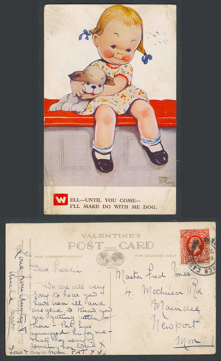 MABEL LUCIE ATTWELL 1935 Old Postcard Until U Come I'll Make Do with Me Dog 2413