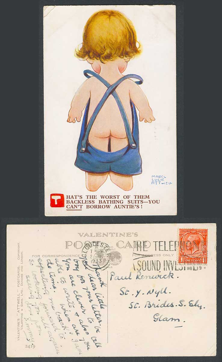 MABEL LUCIE ATTWELL 1933 Old Postcard Backless Bathing Suits Borrow Aunties 2419