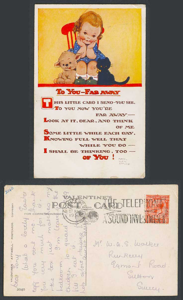 MABEL LUCIE ATTWELL 1932 Old Postcard To You Far Away, Black Cat Kitten Dog 2040