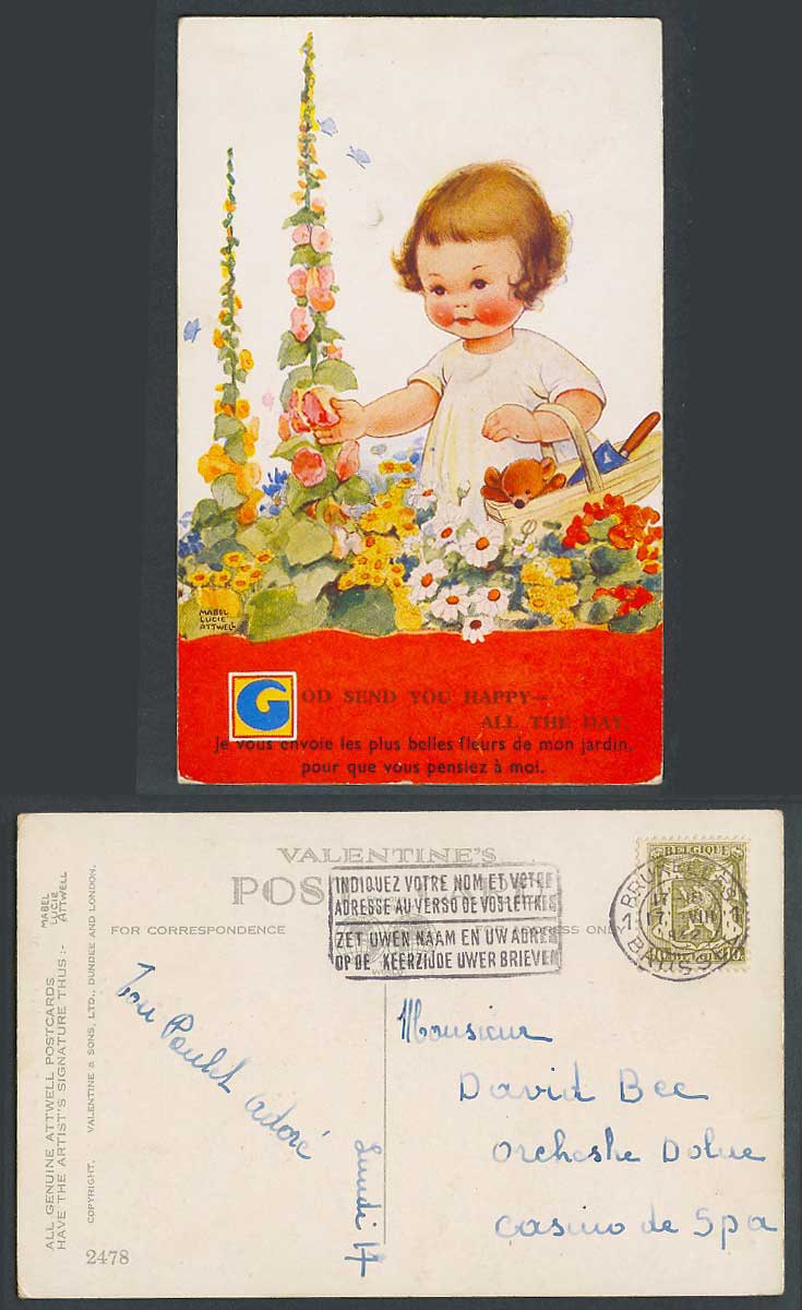 MABEL LUCIE ATTWELL 1932 Old Postcard Teddy Bear God Send You Happy All Day 2478