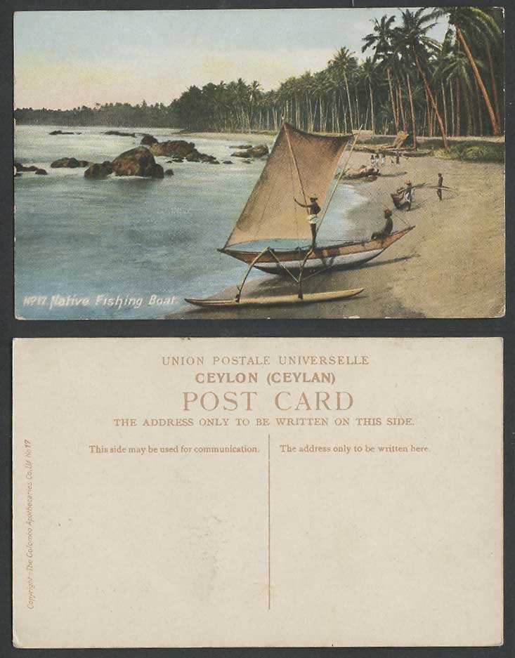 Ceylon Old Colour Postcard Native Fishing Boat Canoe, Fishermen Palm Trees Beach