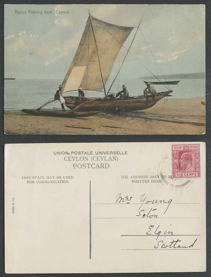 Ceylon KE7 6c 1905 Old Colour Postcard Native Fishing Boat & Fishermen on Beach