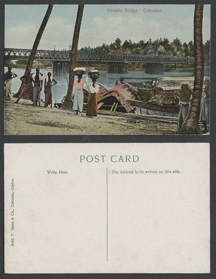 Ceylon Old Colour Postcard Victoria Bridge Colombo, River, Native Boats, Harbour